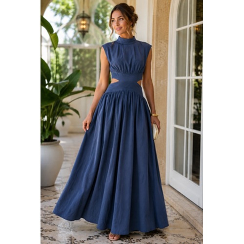 Commense Dress Womens Medium Blue Cut Out High Neck Pleated Maxi Party Wedding